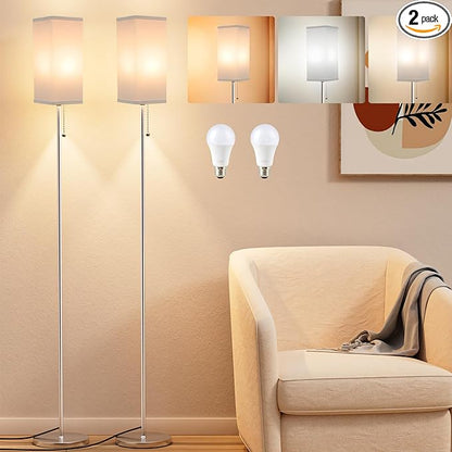 Floor Lamps for Living Room Bedroom - 3 Color Temperature Silver Floor Lamp Set of 2, Modern Standing Lamps with Pull Chain Switch White Shade, Tall Lamp for Corner Office(2 Pack)