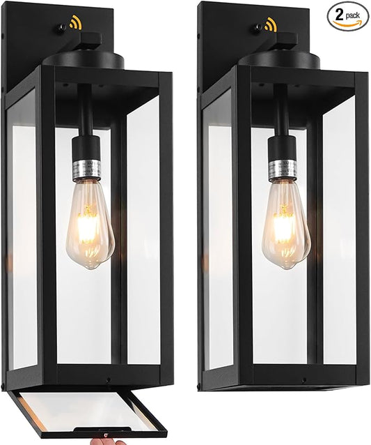 20" Large Dusk to Dawn Outdoor Wall Lantern with Closed Bottom - Black Outdoor Porch Lantern Wall Mounted, Waterproof Modern Outside Wall Sconce Coach Lamp for House, E26, 2 Packs