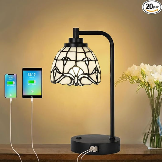 TL0020 Tiffany Table Lamp with 2 USB Charging Ports, Desk Lamp with White Baroque Stained Glass Lamp Shade, Retro Nightstand H 14.5" for Bedrooms Office Study, LED Bulbs Included (White)