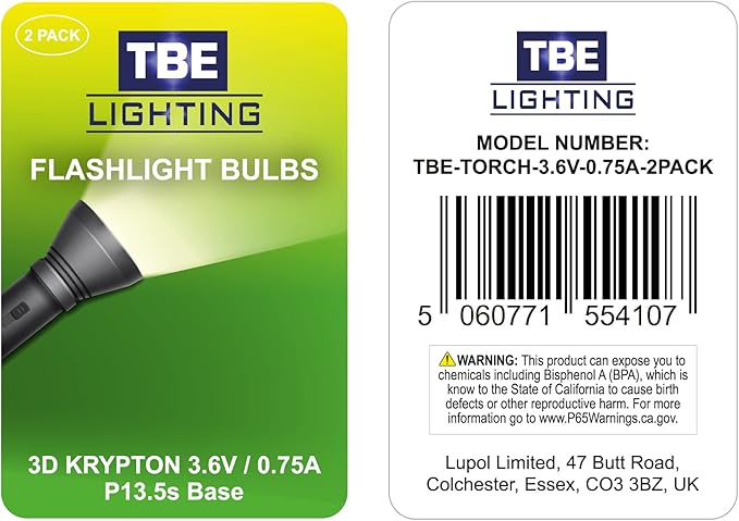 TBE LIGHTING Replacement 3 Volt / 3D 3.6 Volt, 0.75A Bayonet Base P13.5 Krypton Flashlight Bulbs, Pack of 2 Energy efficient Flashlight Krypton Bulbs to fit a Standard 3D Torches