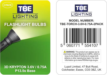 TBE LIGHTING Replacement 3 Volt / 3D 3.6 Volt, 0.75A Bayonet Base P13.5 Krypton Flashlight Bulbs, Pack of 2 Energy efficient Flashlight Krypton Bulbs to fit a Standard 3D Torches
