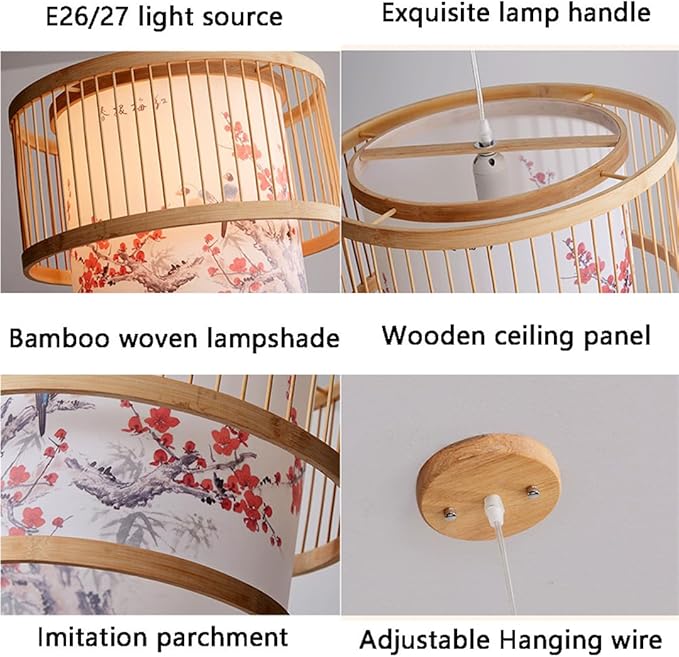 Modern New Chinese Style Patterned Pendant Lamp Fixture Creative Bamboo Suspension Lamp with Wood Canopy Vintage Lantern Hanging Light for Kitchen Dining Room Bedroom E27 Droplight