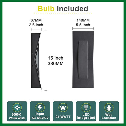 Modern Dimmable LED Up Down Wall Light,120-277V,CRI 90+,2200LM 3000K,IP65 Waterproof, 10%-100% Dimmable for Commercial & Home Outdoor or Indoor, 15 Inch Porch & Patio Wall Mount.