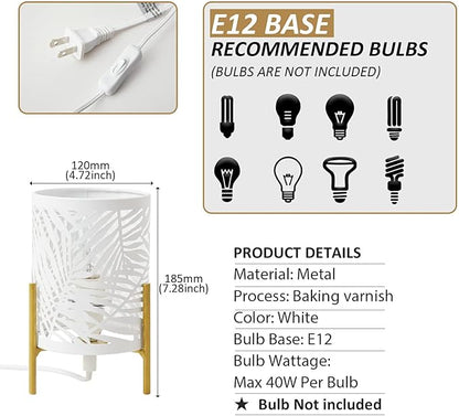 OuXean Decorative Table Lamp, Golden Tripod Stand with White Metal Hollowed Lampshade, Night Light for Bedside, E12 40W, No Bulb