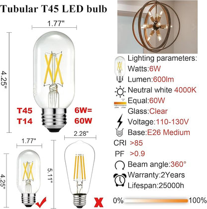 LiteHistory E26 Edison Bulb 6W Equivalent E26 LED Bulb 60 Watt Dimmable Neutral White 4000K led Light Bulb AC120V 600lm Tubular T14 T45 LED Bulb for Pendant,Sputnik,Vanity,Chandeliers Pack of 6