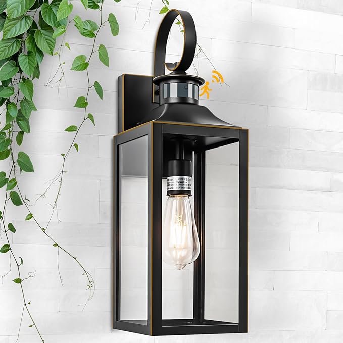 Large Motion Sensor Outdoor Wall Light 20" - Black Dusk to Dawn Outdoor Lighting, Modern Wall Mount Light Fixture, Waterproof Porch Light Fixture for Outside House Garage, 3 Modes (with Gold Trim)