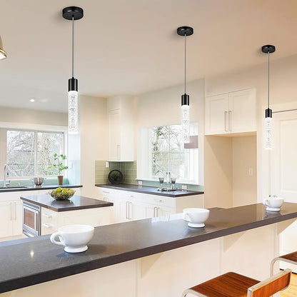 Pendant Lights Kitchen Island, 6500K Modern Kitchen Island Lights Brushed Black, 3 Pack Ceiling Lighting Fixtures with Crystal Bubble, Integrated LED Hanging Light for Dining Room Restaurant