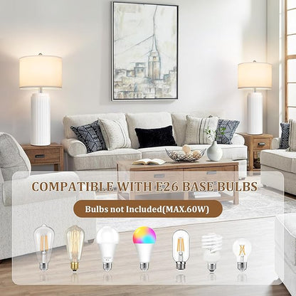 TOBUSA 28’’ Modern White Ceramic Lamps Set of 2 for Living Room, Vintage Nightstand Lamps for Bedroom, Farmhouse Bedside Lamps with Linen Shade, Elegant Decor Lamp Sets for Home Office