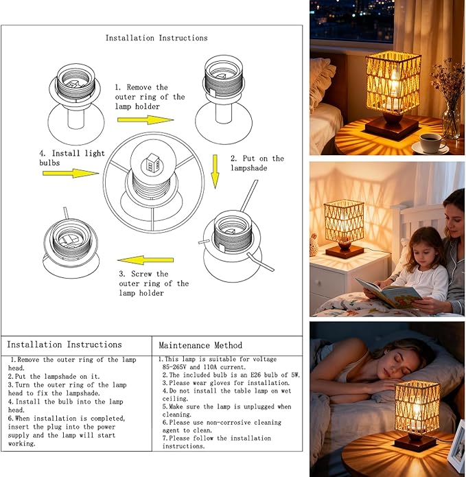 Boho Small Table Lamp,Vintage Wicker Wooden Nightstand Bamboo Woven End Table Lamps,Farmhouse Rattan Beside Lamp for Room Decor, for Bedroom Living Room Desk Kids Room(LED Bulb Included) (B)