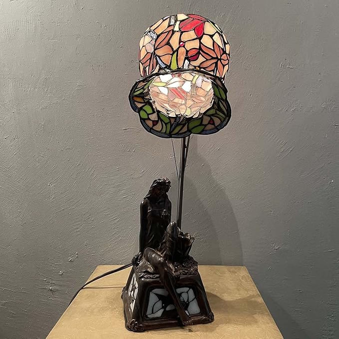 Bieye L10624 Lily Flower Tiffany Style Stained Glass Table Lamp with Girl Lamp Base for Living Room Bedside Home Decoration, 20 inches Tall