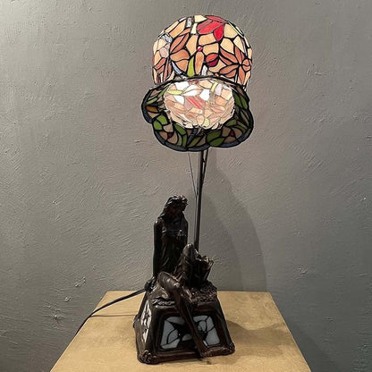 Bieye L10624 Lily Flower Tiffany Style Stained Glass Table Lamp with Girl Lamp Base for Living Room Bedside Home Decoration, 20 inches Tall