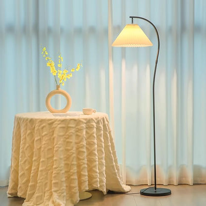 Modern Black Arc LED Floor Lamps, Bright 12W Three-Color Dimming, 14 Inch Pleated Lampshade, Living Room Corner Bedroom Bedside Office Standing Reading Lamp, Farmhouse Decoration, Warm Mood Lighting