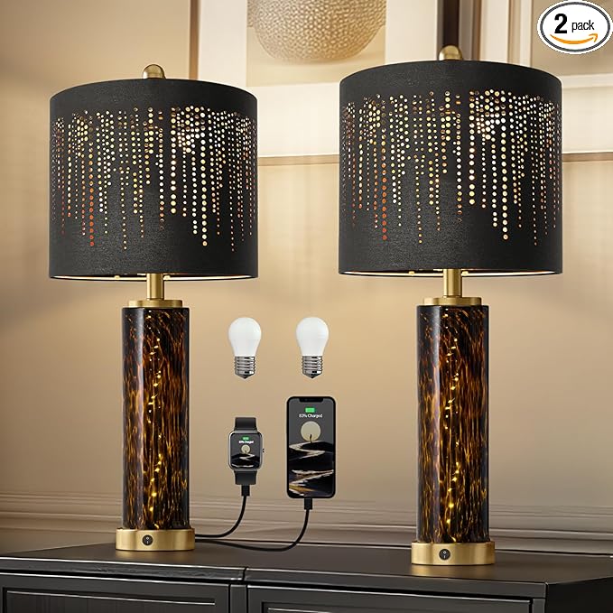 Oneach 27.75" Modern Table Lamps Set of 2, Gold Bedside Lamp with Leopard Glass Nightlight, USB A+C, Black Crystal Shade, Unique Desk Lamps for Living Room, Bedroom, Nightstand (2 Bulbs Included)