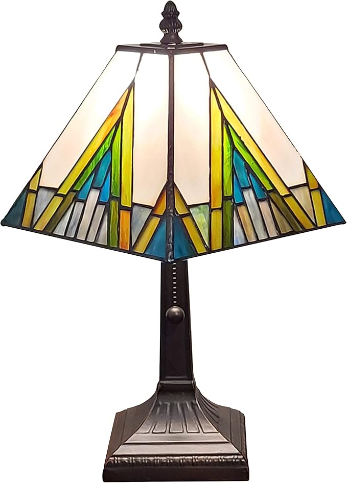Tiffany Style Accent Table Lamp Banker Mission 14.5″ Tall Stained Glass Ivory Green Blue Yellow Antique Living Room Bedroom AM363TL08, Amora Lighting