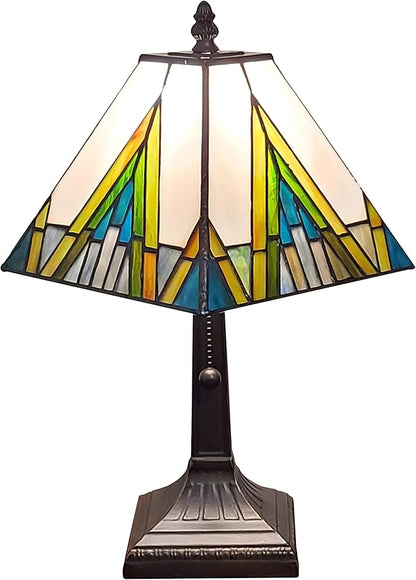 Tiffany Style Accent Table Lamp Banker Mission 14.5″ Tall Stained Glass Ivory Green Blue Yellow Antique Living Room Bedroom AM363TL08, Amora Lighting
