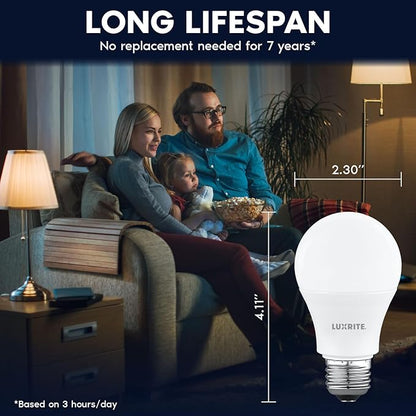 LUXRITE A19 LED Light Bulb 60 Watt Equivalent, Non Dimmable, CRI80, 3500K Natural White, 800LM, Standard LED Light Bulbs 8W, E26 Base, Enclosed Fixture Rated, Damp Rated, ETL Listed (8 Pack)