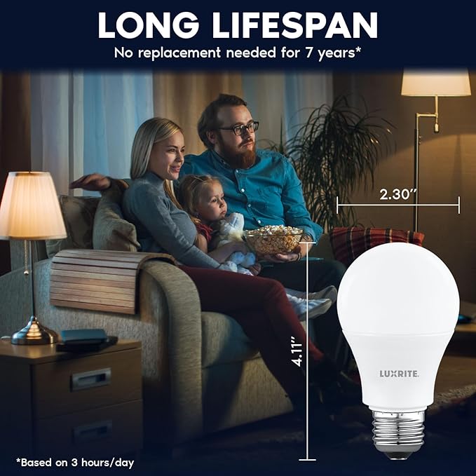LUXRITE A19 LED Light Bulb 60 Watt Equivalent, Non-Dimmable, 3500K Natural White, 800LM, Standard LED Light Bulbs 8W, E26 Base, Enclosed Fixture Rated, Damp Rated, ETL Listed (16 Pack)