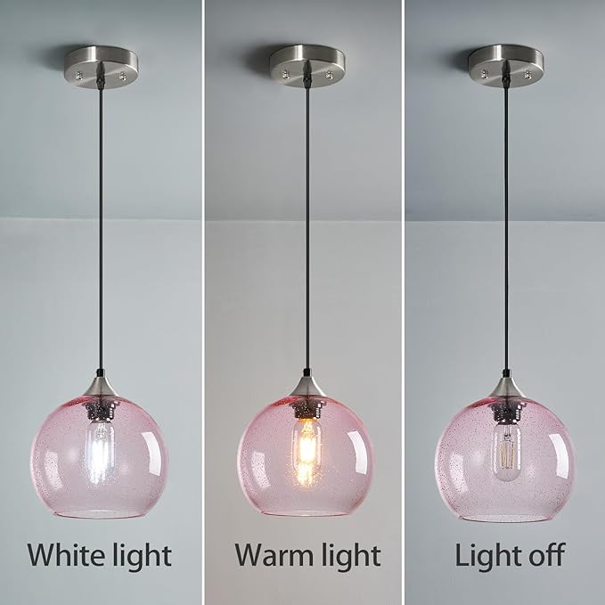 Pink Glass Pendant Lights Kitchen Island Lighting Globe Pendant Light Fixtures Modern Pendant Lighting for Bedroom Living Dining Room Light Fixture (7.87 in, 2 Pack)