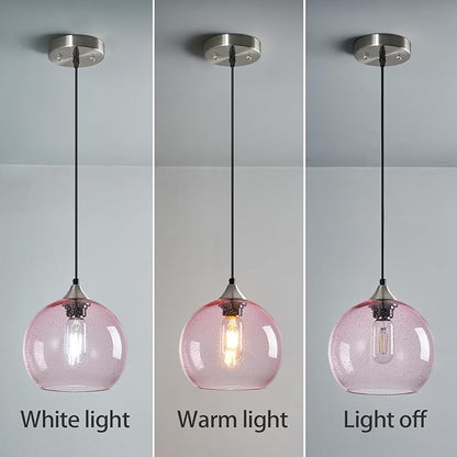 Pink Glass Pendant Lights Kitchen Island Lighting Globe Pendant Light Fixtures Modern Pendant Lighting for Bedroom Living Dining Room Light Fixture (7.87 in, 1 Pack)