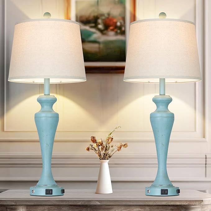 30" Blue Table Lamps Set of 2, Touch Control Coastal Living Room Lamp with USB A+C Ports and AC Outlet, 3-Way Bedside Lamps for Nightstand, Vintage Farmhouse Bedroom Lamp, 2 Bulbs Included