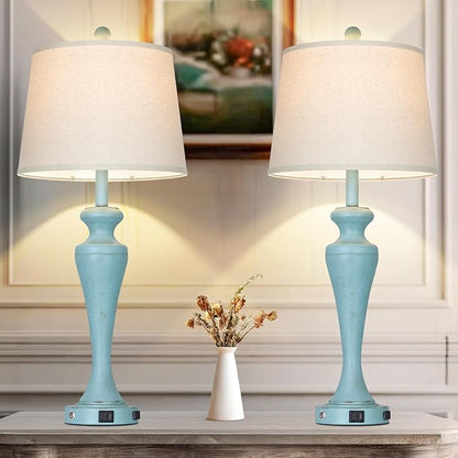 30" Blue Table Lamps Set of 2, Touch Control Coastal Living Room Lamp with USB A+C Ports and AC Outlet, 3-Way Bedside Lamps for Nightstand, Vintage Farmhouse Bedroom Lamp, 2 Bulbs Included