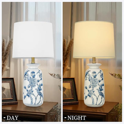 24.25" Blue Ceramic Table Lamp for Living Room, Classic Blue and White Lamp for End Table, Blue Birds and Flowers Lamps, Traditional China Nightstand Lamp for Bedroom