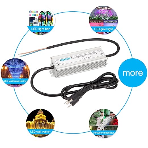 LED Driver 12V 60W Waterproof Transformer AC 90-240V to DC 12V 5A Low Voltage Switching Power Supply IP67 Converter Suitable for Indoor and Outdoor LED Strip Lights and 12V DC Devices