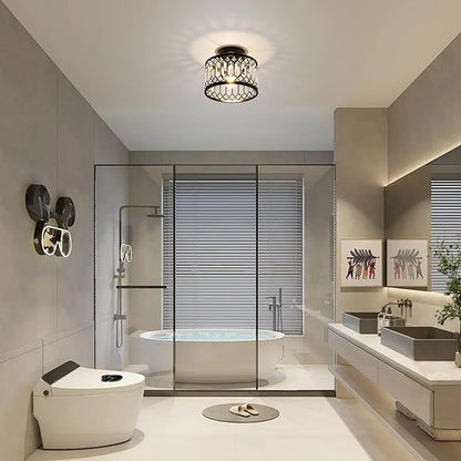 Crystal Ceiling Light Fixture, Modern Semi Flush Mount Ceiling Light,Crystal Chandelier for Kitchen Bedroom Bathroom Entryway Black (Bulb not Included)