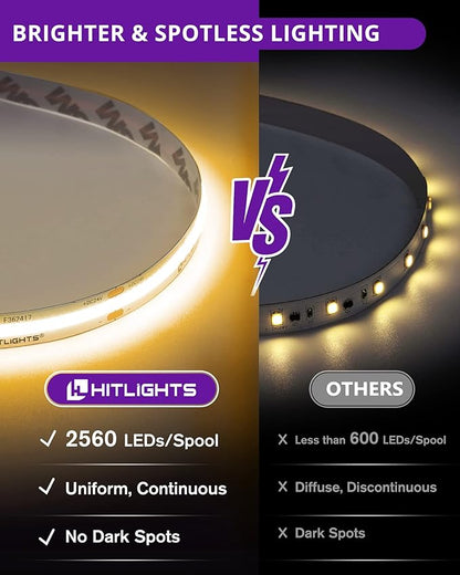HitLights COB LED Strip Lights Kit Warm White with Remote & 24V Power Supply,16.4ft Dimmable Tape Light 3000K, 2560LEDs, 350+LM/FT, UL Listed, Flexible Rope Lights for Bedroom Kitchen Cabinet Lighting