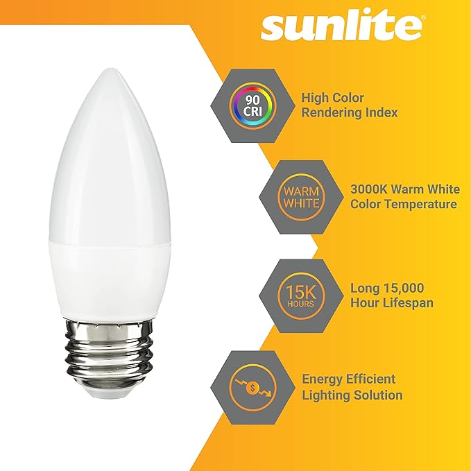 Sunlite LED B13 Torpedo Decorative Chandelier Light Bulb, 7 Watts (60W=), 500 Lmns, 120 Volts, Dimmable, E26 Base, 90 CRI, ETL Listed, Torpedo Frosted, Title-20, 3000K Warm White, 6 Pack