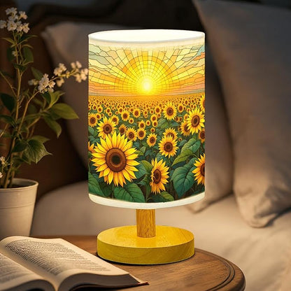 Sunflower Field Table Lamp LED 3-Color Pressed Bedside, Sunflower Field Shade Lamp with Wood Base for Bedroom Living Room Desk Office TL01