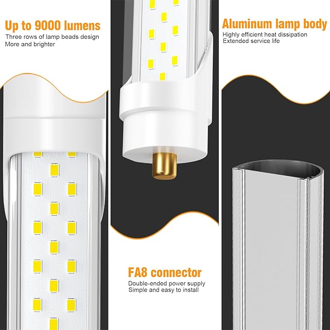 8ft Led Bulbs, T8 8 Foot Led Bulb for T12 Fluorescent Replacement, 72W 9000lm 8' Led Tubes 96" FA8 Single Pin, Three Rows of lamp Beads, 5000K led Tube Light (10Pack)
