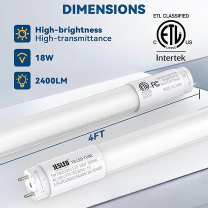 JESLED 2 Pack 4FT T8 LED Bulbs, 18W 2400LM 5000K Led Tube Light, Plug and Play or Ballast Bypass, Hybrid Type A+B T10 T12 Fluorescent Bulbs Replacement, Single or Double End Powered, ETL