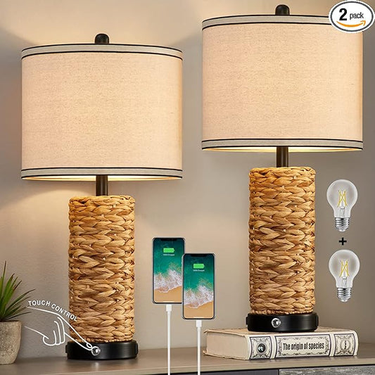 GyroVu Rattan Table Lamp Set of 2, Wicker Lamps, Dimmable Touch Seagrass Table lamp with 2 USB Ports and 1 AC Outlet for Bedroom Nightstand Table, Livingroom End Table, Bulbs Include