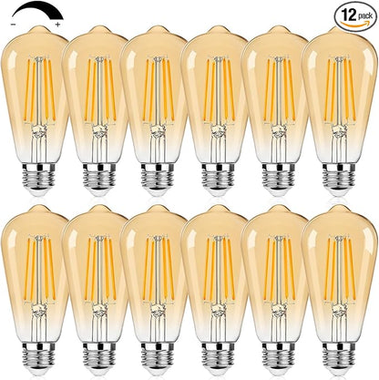 12Packs ST64 Large Vintage LED Edison Bulbs, 60W Equivalent 7W, 800Lumens, Dimmable Antique LED Filament, 2700K Amber Warm White, E26 Medium Base Light Bulbs High Brightness for Bedroom Office
