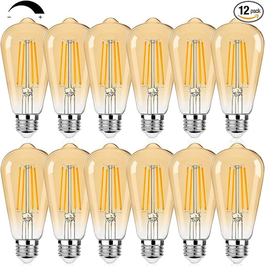 12Packs ST64 Large Vintage LED Edison Bulbs, 60W Equivalent 7W, 800Lumens, Dimmable Antique LED Filament, 2700K Amber Warm White, E26 Medium Base Light Bulbs High Brightness for Bedroom Office