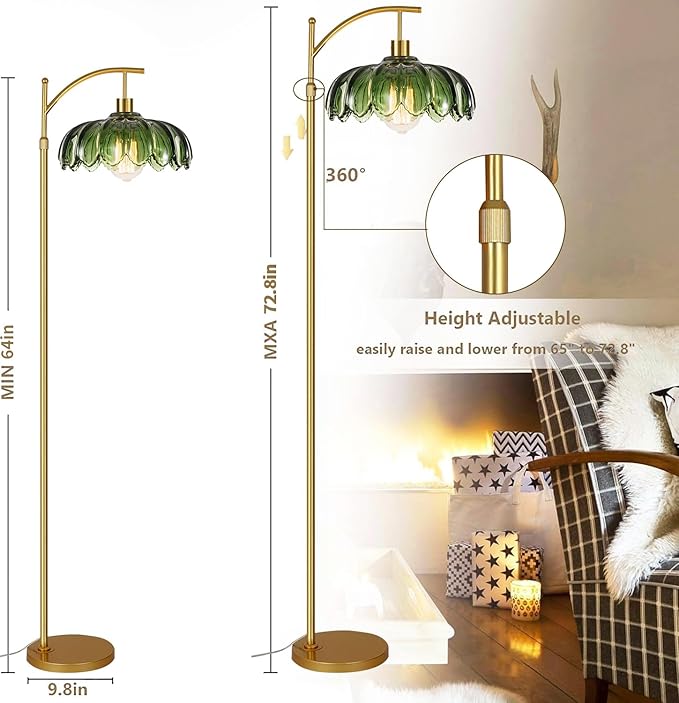 Gold Floor Lamp for Living Room Bedroom with Remote,Unique Vintage Standing Tall Lamp,Mid Century Modern Floor Lamps with Dimmable Bulb,Arc Green Glass Floor Lamps for Office Corner