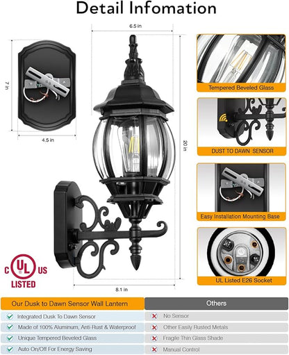 VIANIS Black Outdoor Light Fixture, 2 Pack Exterior Sconces Wall Lighting, Modern Outside Porch Lights for House Wall Mount, Dusk to Dawn Outdoor Lantern Light Fixture for Patio, Outside Garage Lights