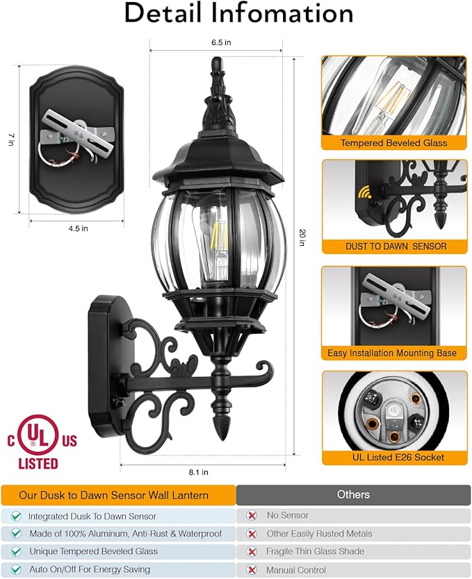 VIANIS Outdoor Wall Light, Black Exterior Porch Light Wall Mount, Modern Outside Lantern Lights for House, Dusk to Dawn Exterior Sconce Lighting for Garage, Front Door Light Fixture Outdoor Wall Lamps