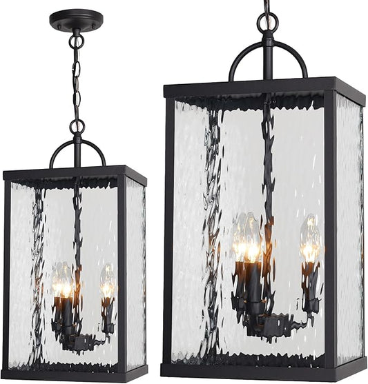 Large Outdoor Pendant Light, 22" Farmhouse Hanging Lantern with Water Ripple Glass, Vintage Black Adjustable Exterior Chandelier Fixture Ceiling Light for Porch, Patio, Gazebo, Entryway