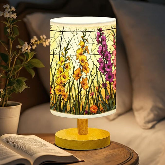 Gladiola Table Lamp LED 3-Color Pressed Bedside, Gladiola Shade Lamp with Wood Base for Bedroom Living Room Desk Office