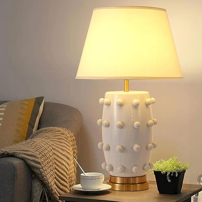 Modern Ceramic Linden Table Lamp - 30" White Ball Farmhouse Design, Classic Nightstand Large Linden Lamp Tapered Drum Shade for Living Room, Bedroom, Office, and Home （White）