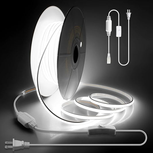 Aclorol 150FT Outdoor White LED Strip Lights Waterproof AC 110V 120V IP68 COB LED Rope Light for Outside with Self-Adhesive for Patio Yards Garden Lighting Decoration Cold White 6000K