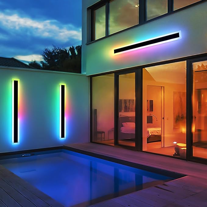 Mikeru Upgraded Widened RGB Long LED Wall Lights, 2Pack 31.4inch Outdoor Sconces RGB/Warm/White Dimmable Outdoor Wall Lights Exterior Front Porch Light Ip65 Waterproof Wall Sconce with Remote Control