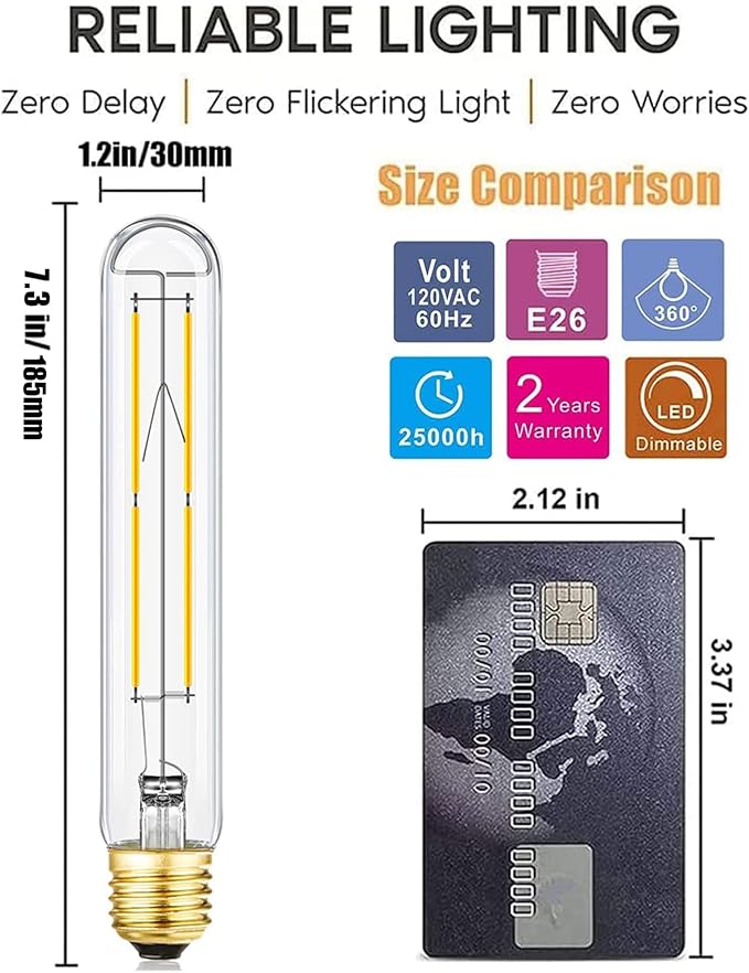 T10 LED Bulb 8W Dimmable E26 Base Tubular Light Bulb 4000K Daylight White 75W Equivalent 800lm T10 Bulb for Rustic Pendant, Wall scones Tube Light Bulbs Desk Lamp Vintage Edison Long Light Bulb,4 Pack