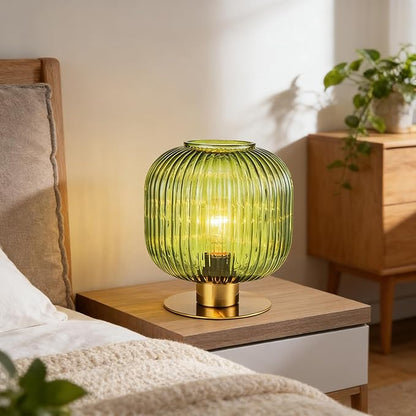 NKU Vintage Green Hand-Blown Ribbed Glass Table Lamp - Mid-Century Glare-Free Eye-Care Bedside Light for Bedroom Nightstand, Living Room, Office, Bookshelf & Corner