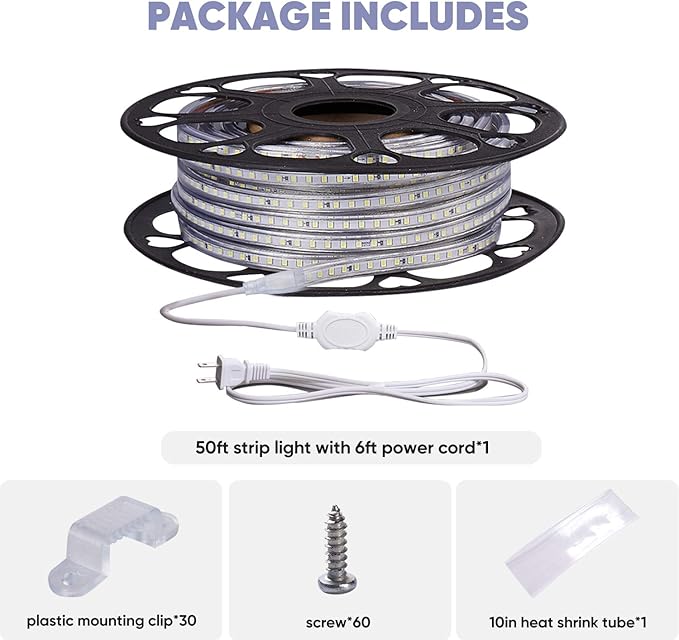 Shine Decor LED Strip Light 50FT 120VAC, Super Bright 6337 Lumens Dimmable, IP65 Waterproof for Outdoor Indoor, 3000K Warm White Every 1.6ft Cuttable Proselect Lighting Strip, 6x10mm ETL Listed