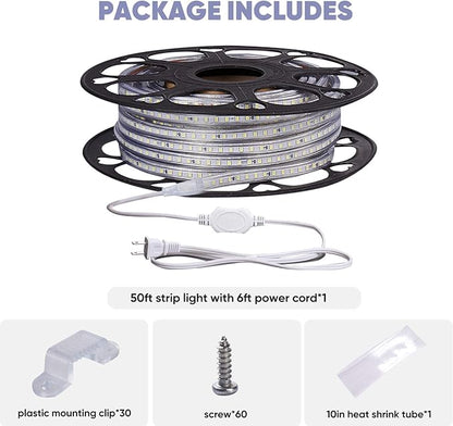 Shine Decor LED Strip Light 50FT 120VAC, Super Bright 6337 Lumens Dimmable, IP65 Waterproof for Outdoor Indoor, 6500K Cool White Every 1.6ft Cuttable Proselect Lighting Strip, 6x10mm ETL Listed