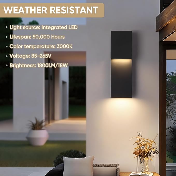 Fire Wolf Modern Outdoor House Lights Wall Mount, Aluminum 18W LED 3000K Dual-Source Wall Sconce, Anti Rust Exterior Lighting Fixtures for Porch,Patio,Garden,Indoor/Outdoor (Black)