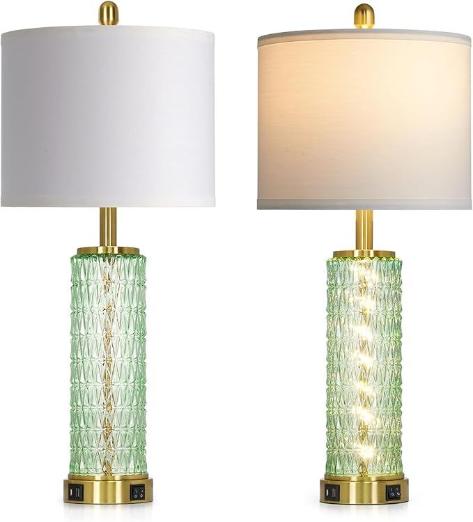28" Green Glass Table Lamps Set of 2, Green Modern Bedside Lamp with LED Night Light, USB A+C, Glass Lamps for Living Room, Bedroom, Nightstand, Office, End Table (2 Bulbs Included)